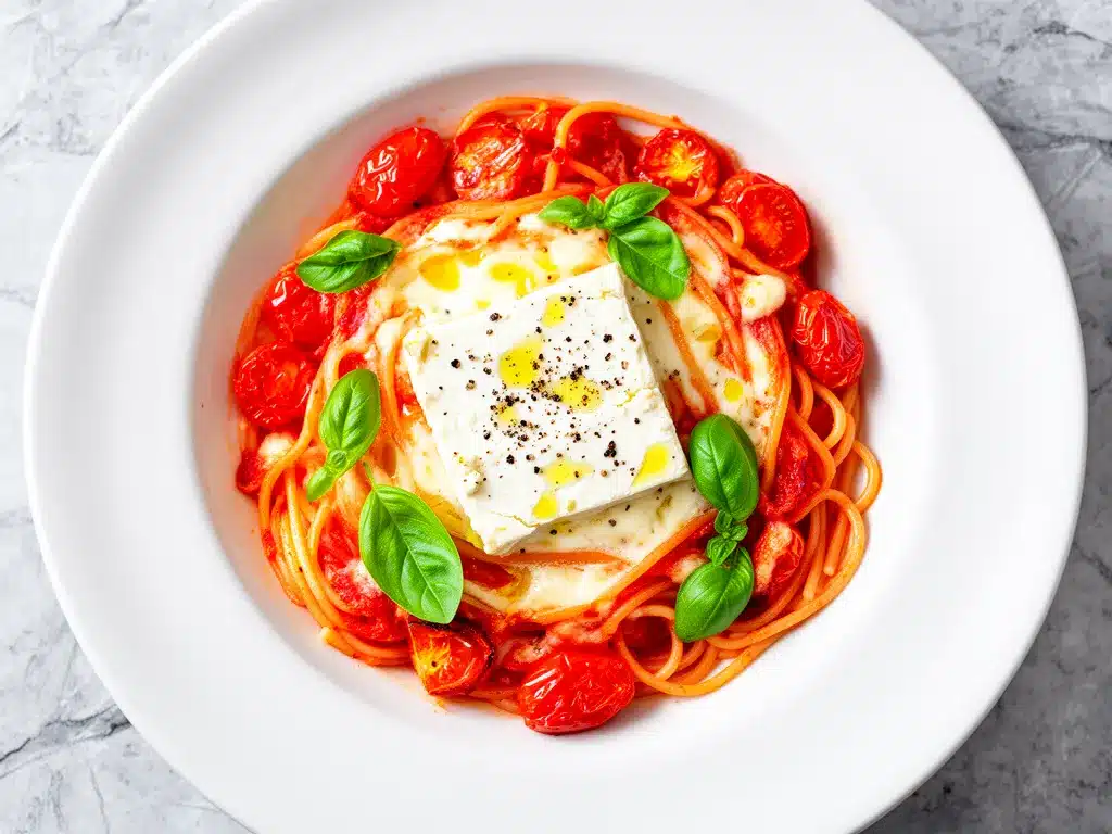 Baked Feta Pasta with Cherry Tomatoes Easy Weeknight Dinner Recipe 4 baked feta pasta with cherry tomatoes preparation steps