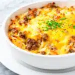 cheesy sausage hash brown breakfast bake - featured image