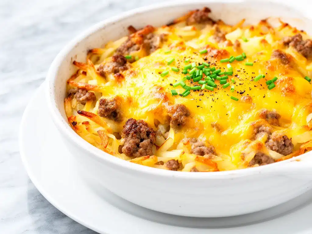 cheesy sausage hash brown breakfast bake - featured image