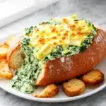 football party spinach artichoke stuffed bread bowl - featured image