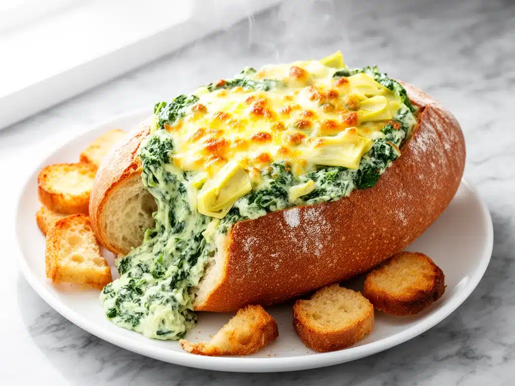 football party spinach artichoke stuffed bread bowl - featured image