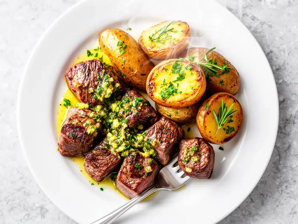 Garlic Butter Steak Bites with Herb Potatoes Easy Weeknight Dinner Recipe 4 garlic butter steak bites preparation steps
