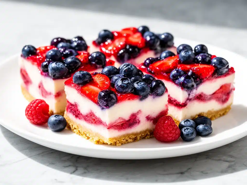 red white and blue berry cheesecake bars - featured image