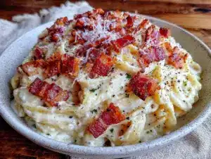 creamy alfredo pasta with crispy pancetta - featured image