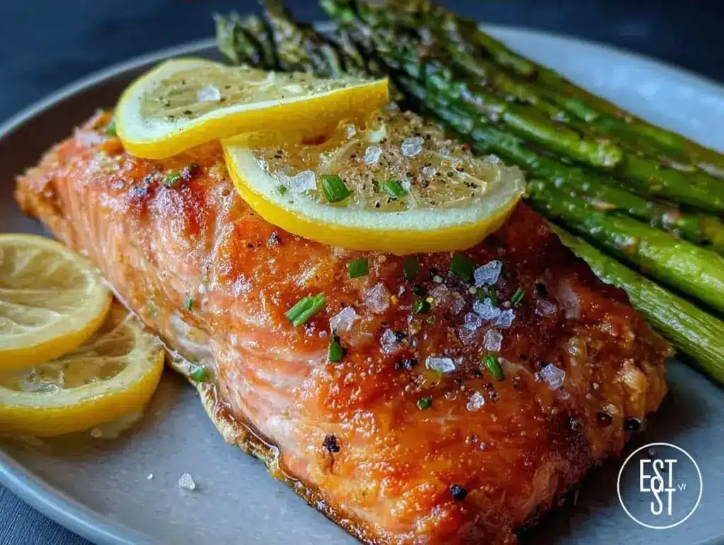 healthy baked salmon with roasted asparagus - featured image