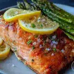 healthy baked salmon with roasted asparagus - featured image