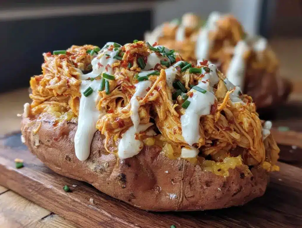 buffalo chicken stuffed sweet potato - featured image