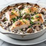 creamy wild rice and mushroom chicken casserole - featured image