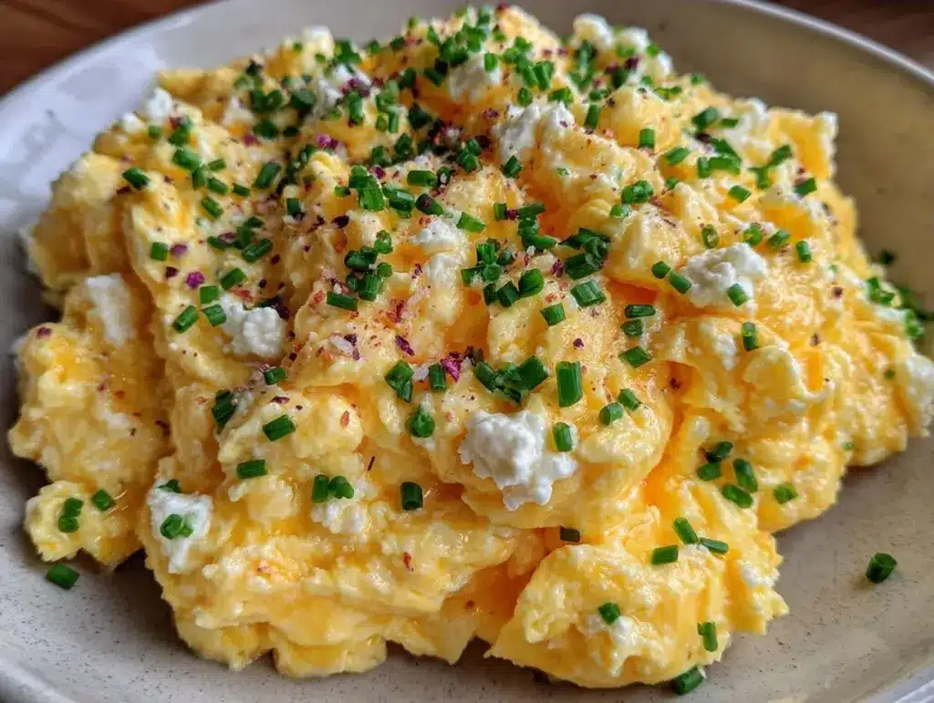 fluffy cottage cheese scrambled eggs - featured image