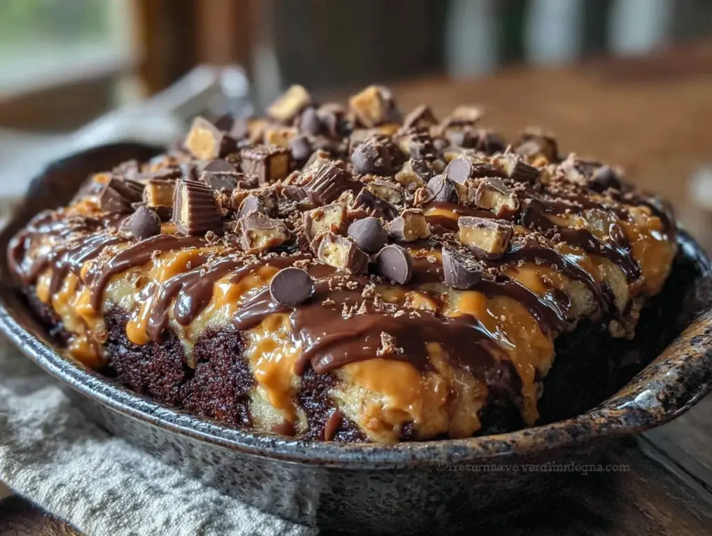 Reeses Peanut Butter Chocolate Poke Cake - featured image